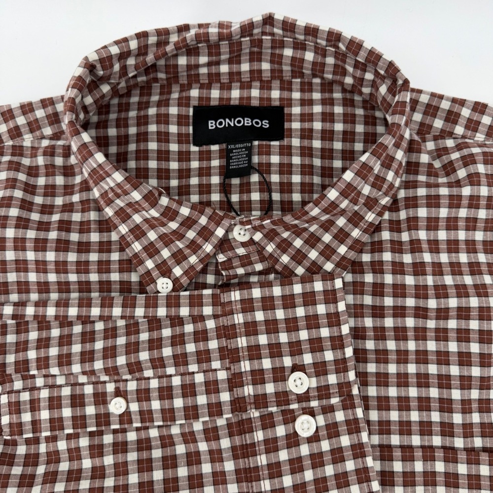 Bonobos Button Up Men XXL Brown Gingham Check‎ Long Sleeve Button Down Shirt